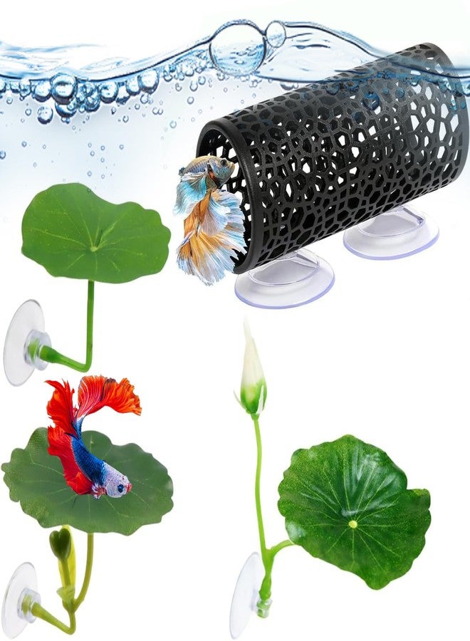 CZFSWT 4 Pcs Betta Hammock, Betta Fish Tank Accessories, Betta Fish Hammock with Lotus Decor, Aquarium Decor Set for Betta Fish, Small and Shrimp, Includes Black Tunnel and 3 Lotus Decorations for Play - Image 1